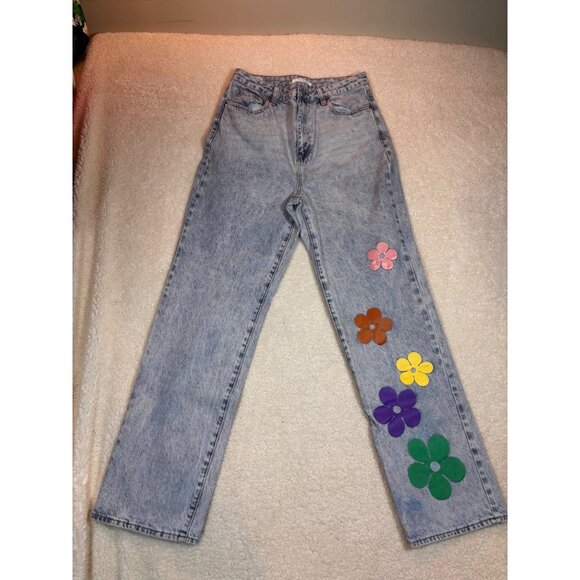 PacSun Light Blue Flower Graphic Front & Back Boho Boyfriend Jeans Women’s  30 - Picture 2 of 14